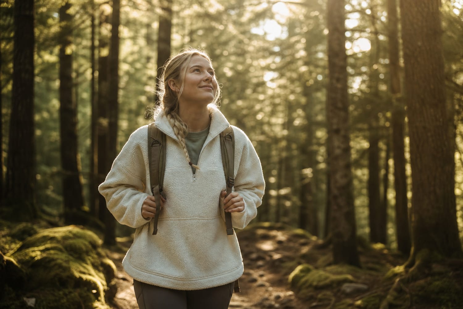 A woman walking through a sunlit forest trail, relaxed and breathing in the fresh air, dappled golden light.