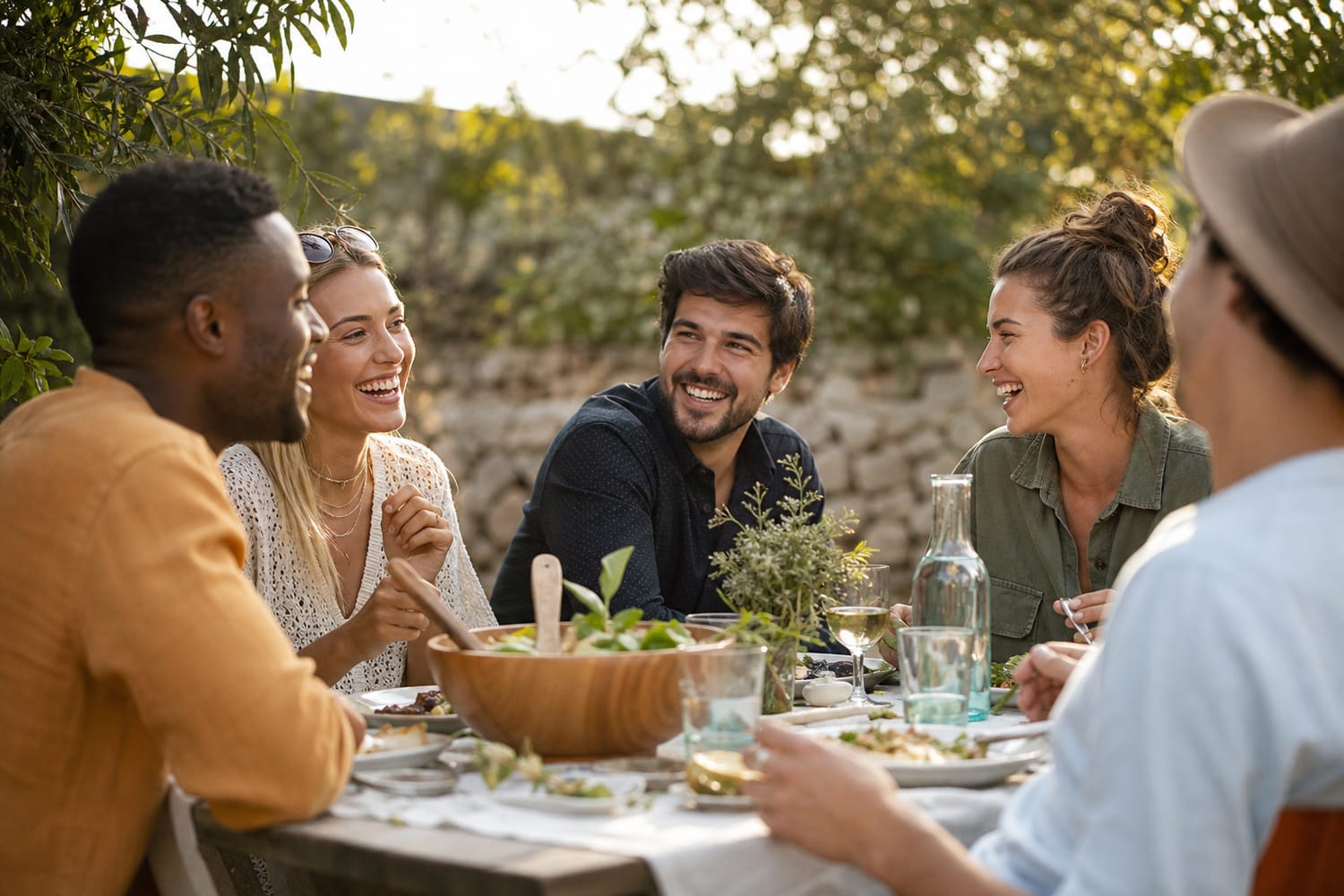 A small group of friends, men and women, laughing together over a shared meal outdoors in warm afternoon light.