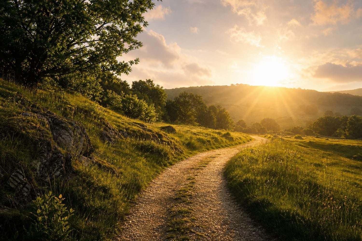A sunlit winding path through a calm green landscape leading toward bright morning light.