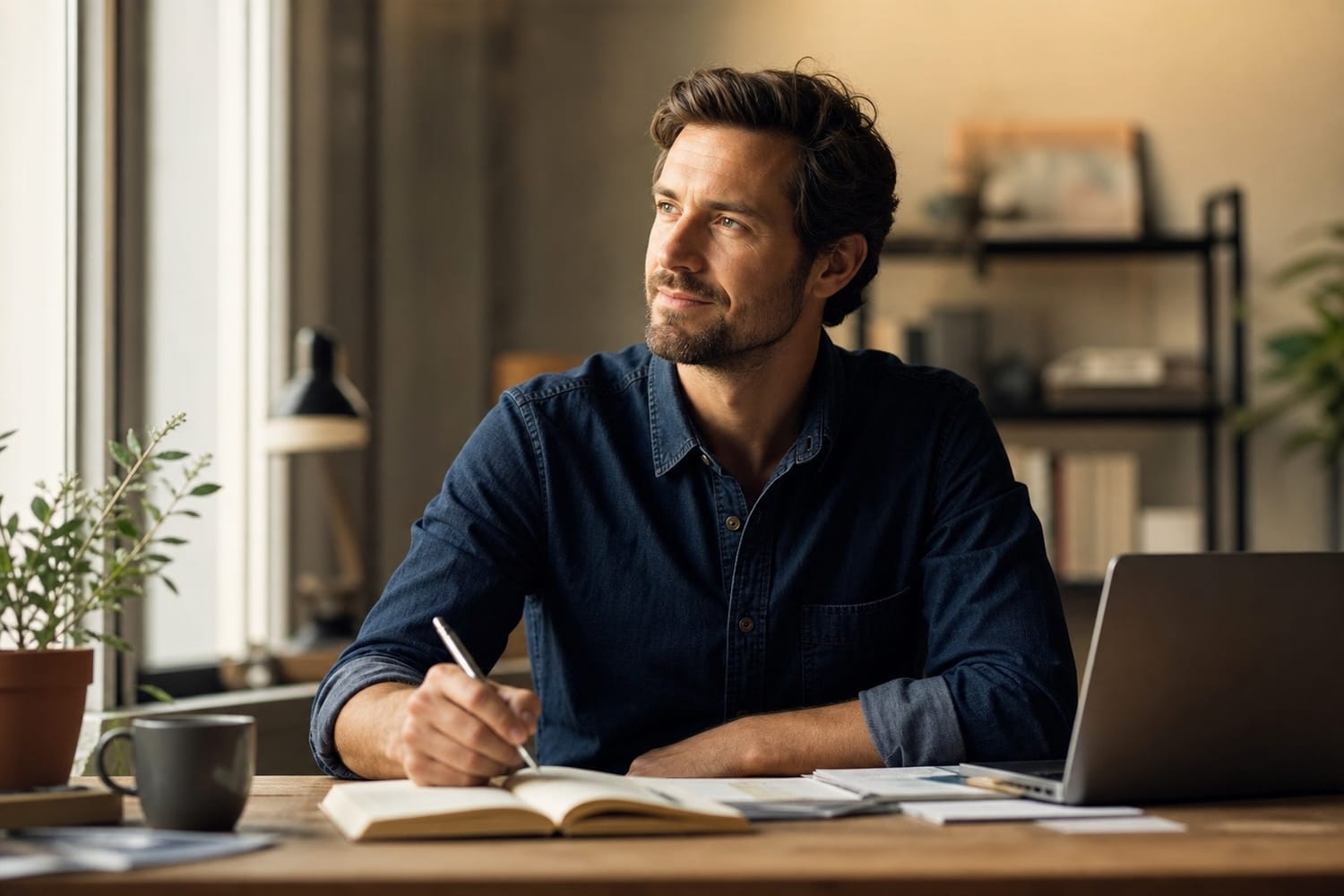 A man at his workspace approaching a challenging task with calm confidence and a hopeful, focused expression, warm natural light.
