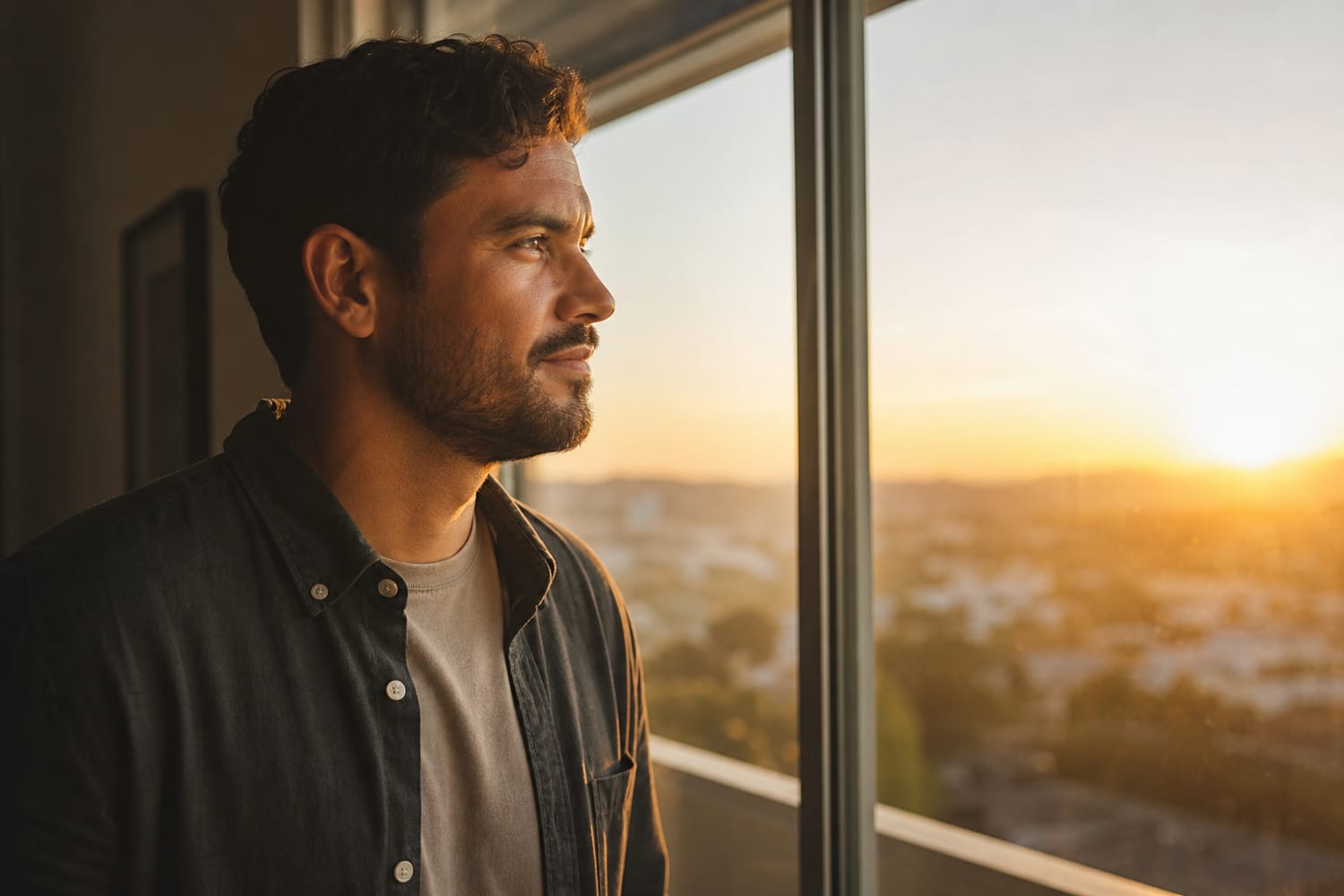 A man standing at a window at sunrise with a hopeful, grounded expression, taking a quiet optimistic moment, soft golden light.