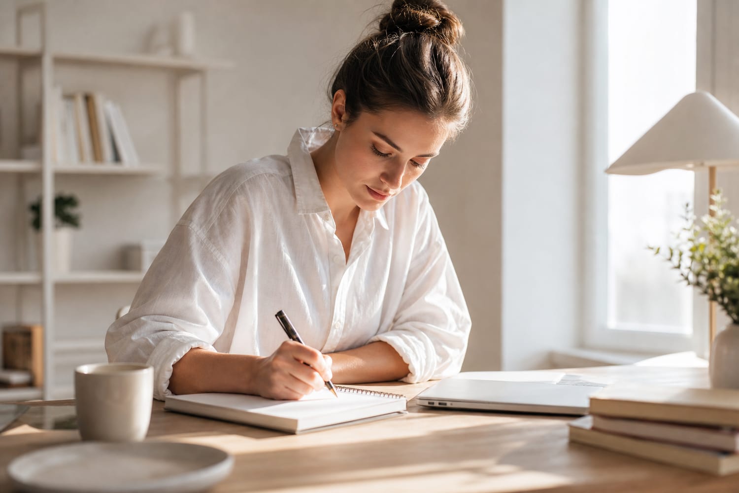 A woman planning her day, writing a to do list in a notebook at a tidy desk in bright morning light, focused and calm.