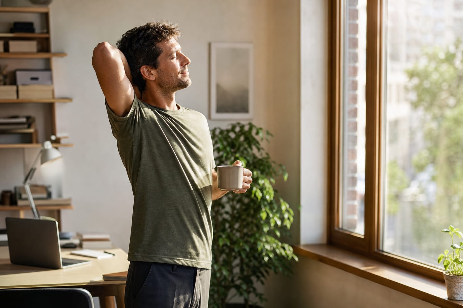 A man taking a short refreshing break, stretching by a sunny window with a coffee, stepping away from his work for a moment.