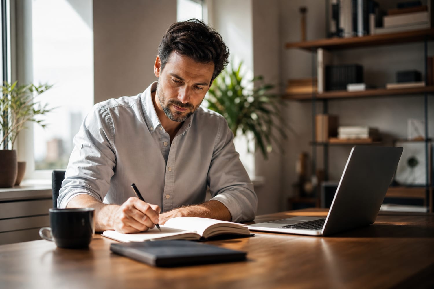 A man working with focus at a clean, organised desk in bright morning light.