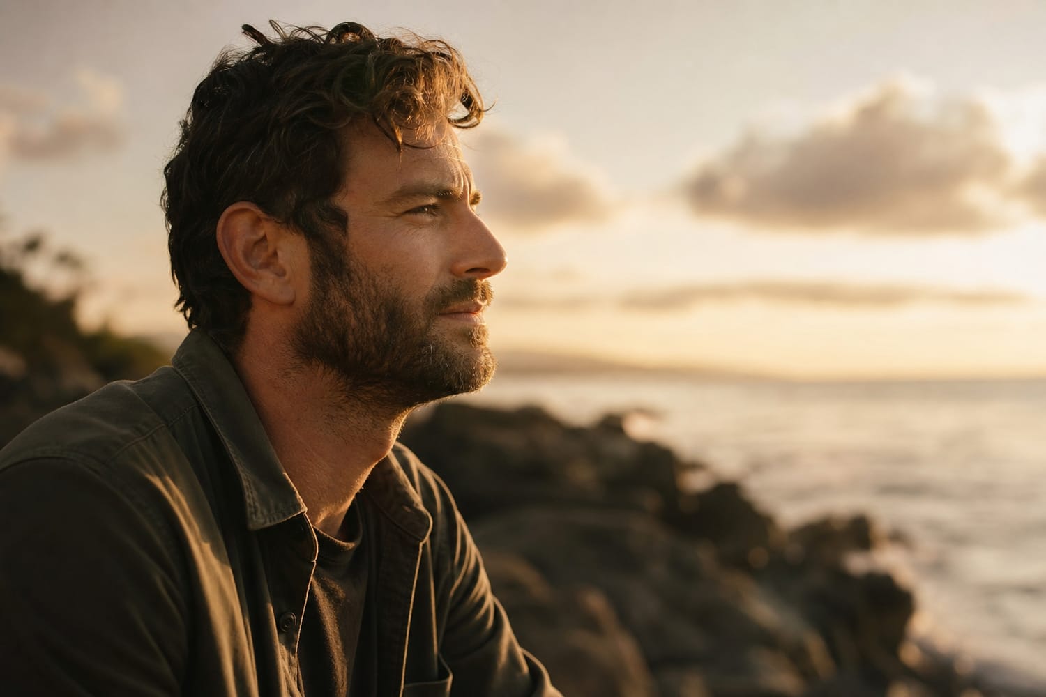 A man taking a calm, steadying moment outdoors after a difficult day, composed and quietly hopeful, soft golden light.