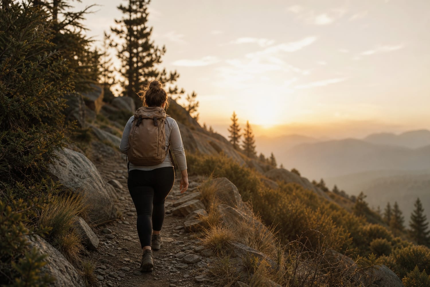 A woman hiking up a hillside path at dawn, steady and determined.