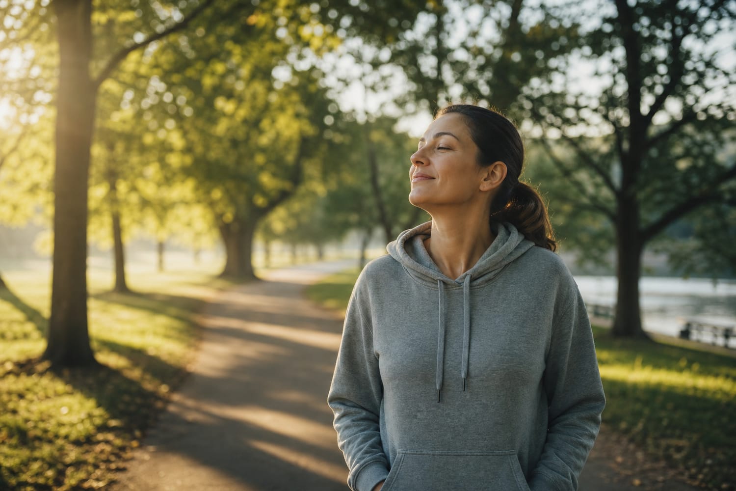 A woman on a quiet morning walk through a leafy park, breathing in the fresh air, soft golden light.