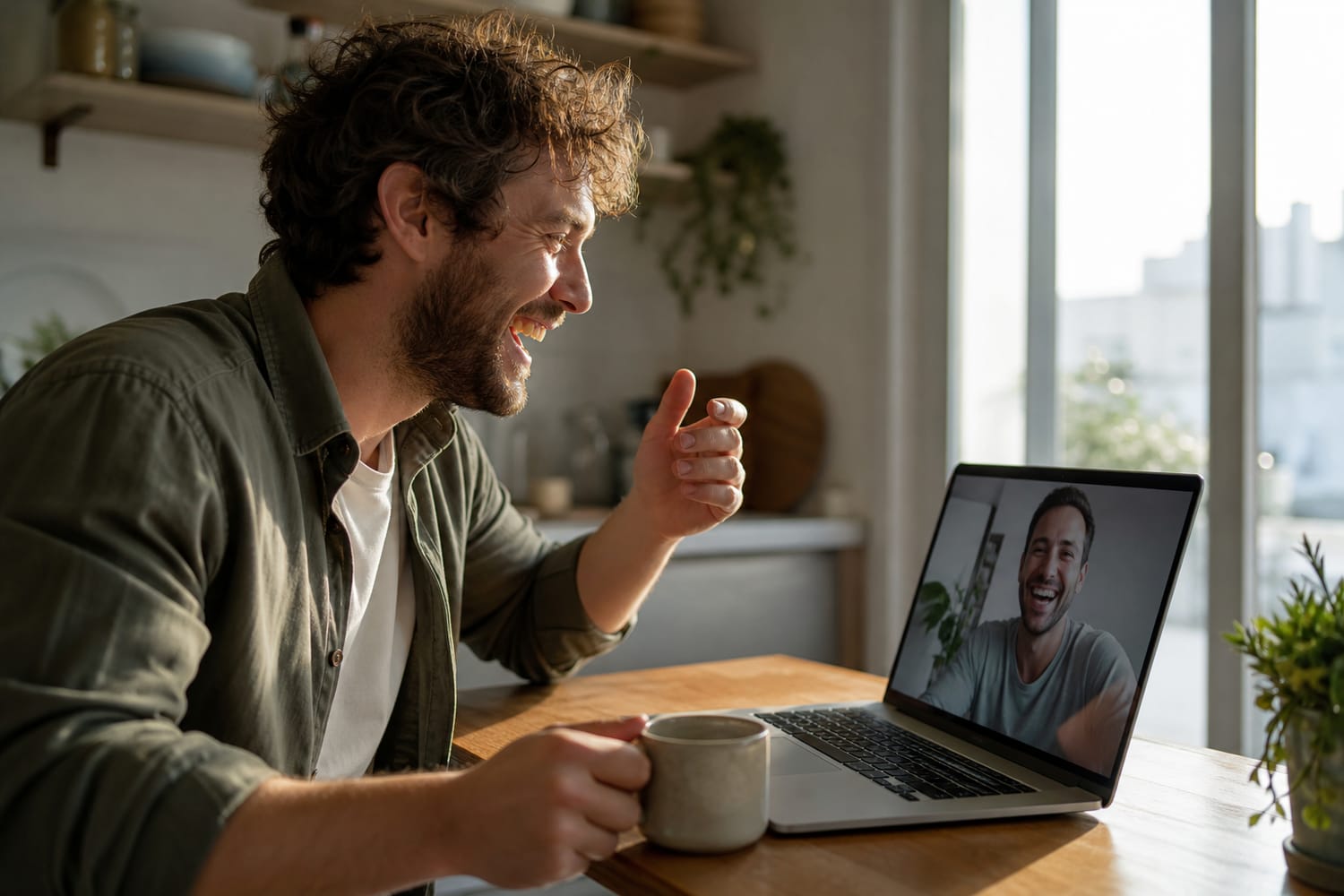 A man on a video call with a friend, laughing over a coffee in a sunlit kitchen, relaxed and connected.