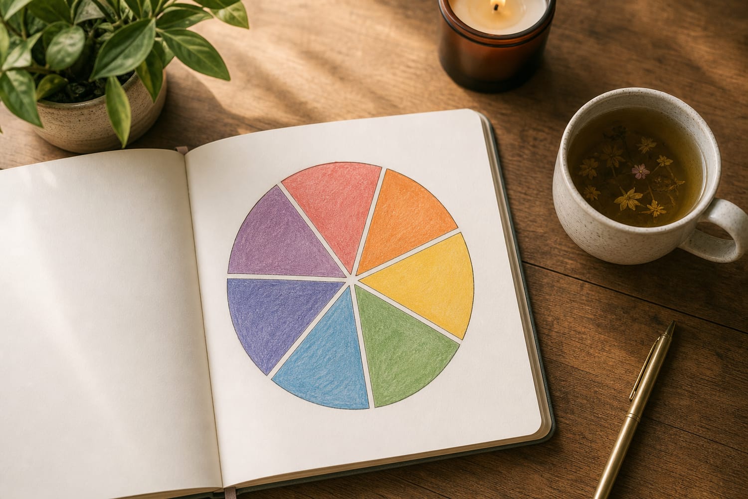 An open journal on a warm wooden desk showing a hand-drawn self-care wheel with seven coloured segments, beside a cup of herbal tea and a candle.