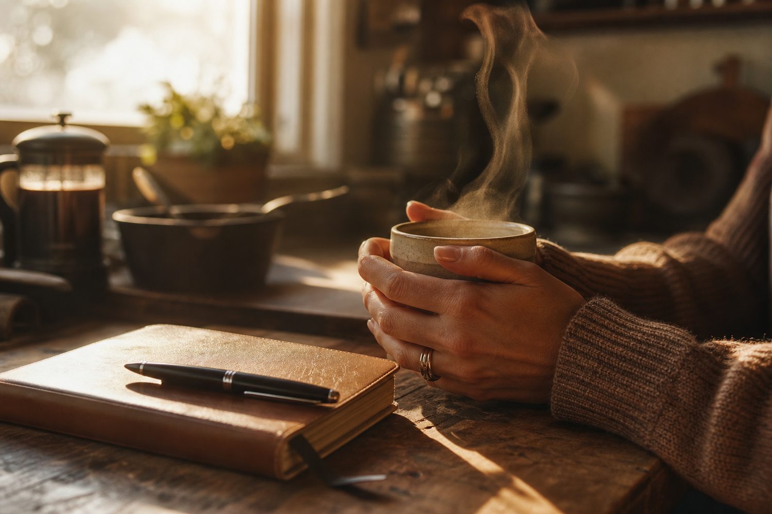 A pair of hands cradling a warm mug at a kitchen table in early light, a journal and pen nearby, a quiet moment of steadiness before the day.