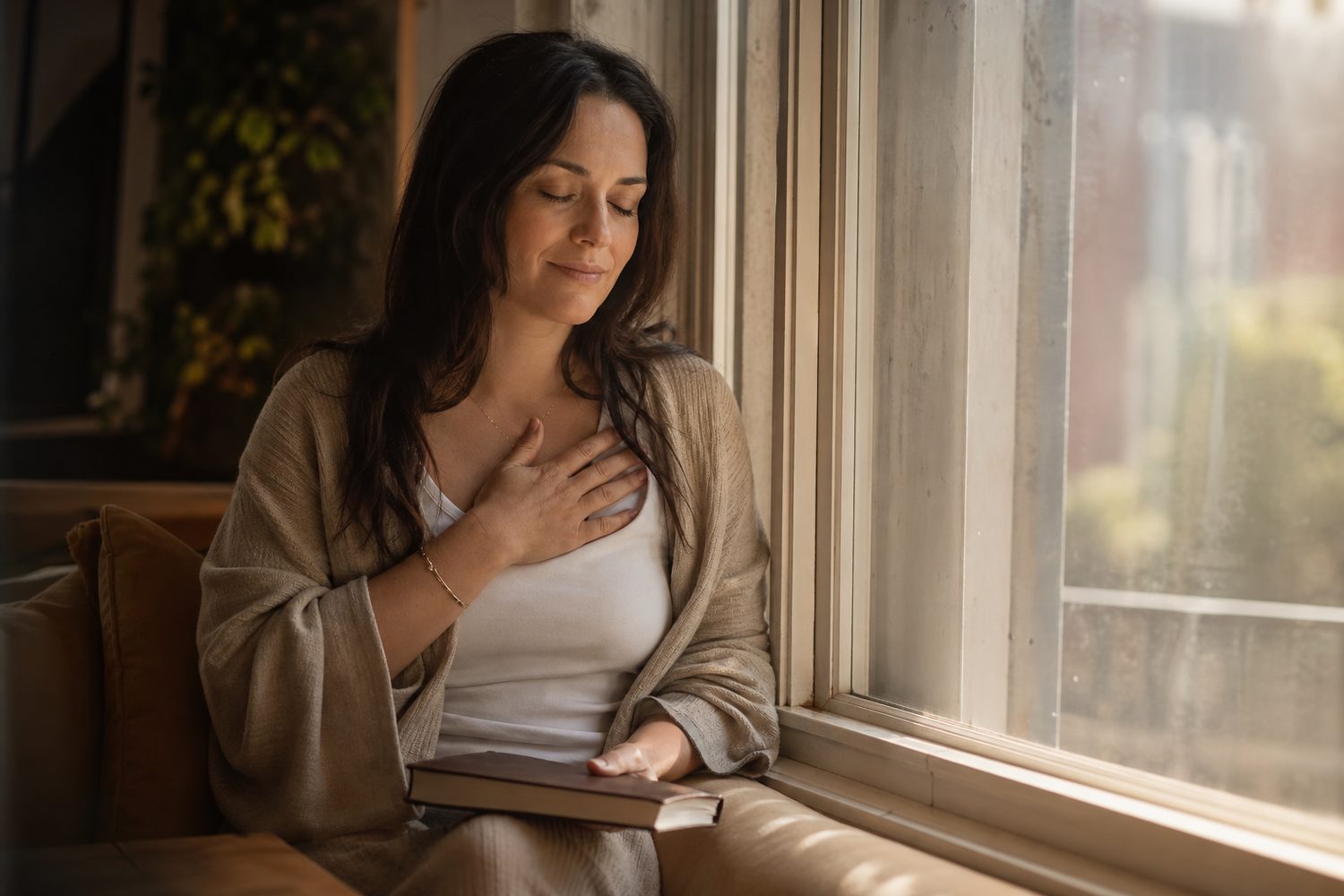 A woman sitting on a window seat with a journal closed on her lap, hand resting over her heart, calm and settled expression, soft golden morning light.