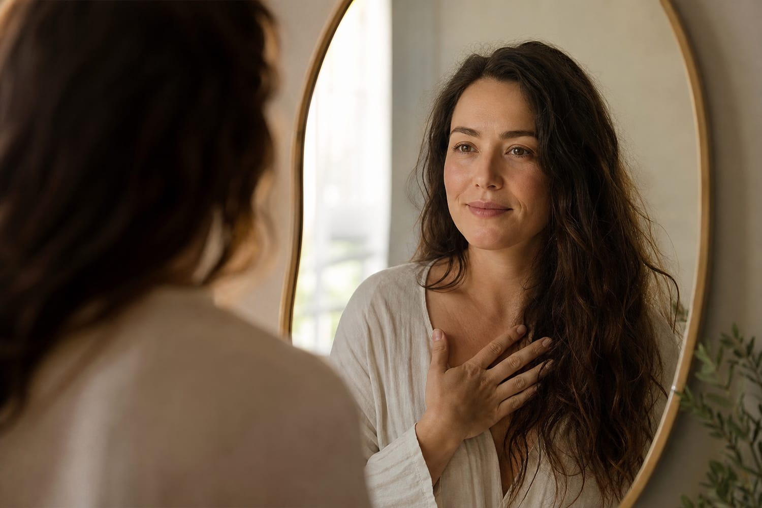 A woman looking at her reflection in a mirror with a calm, kind, accepting expression, soft morning light.