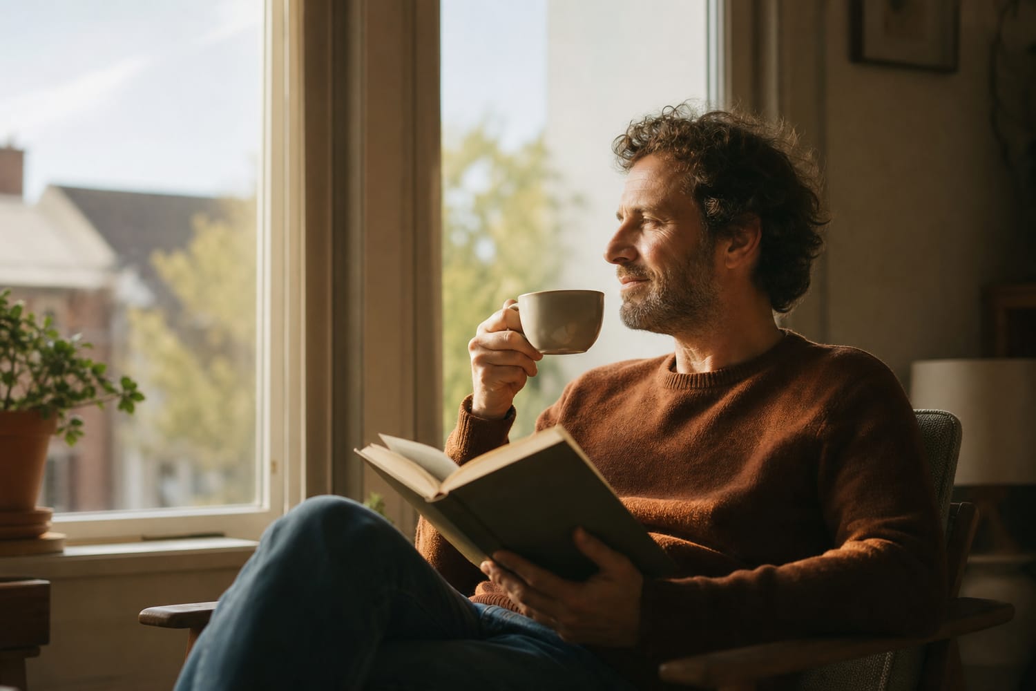 A man relaxing with a book and a cup of tea by a sunlit window, calm and content, taking a quiet restful moment.