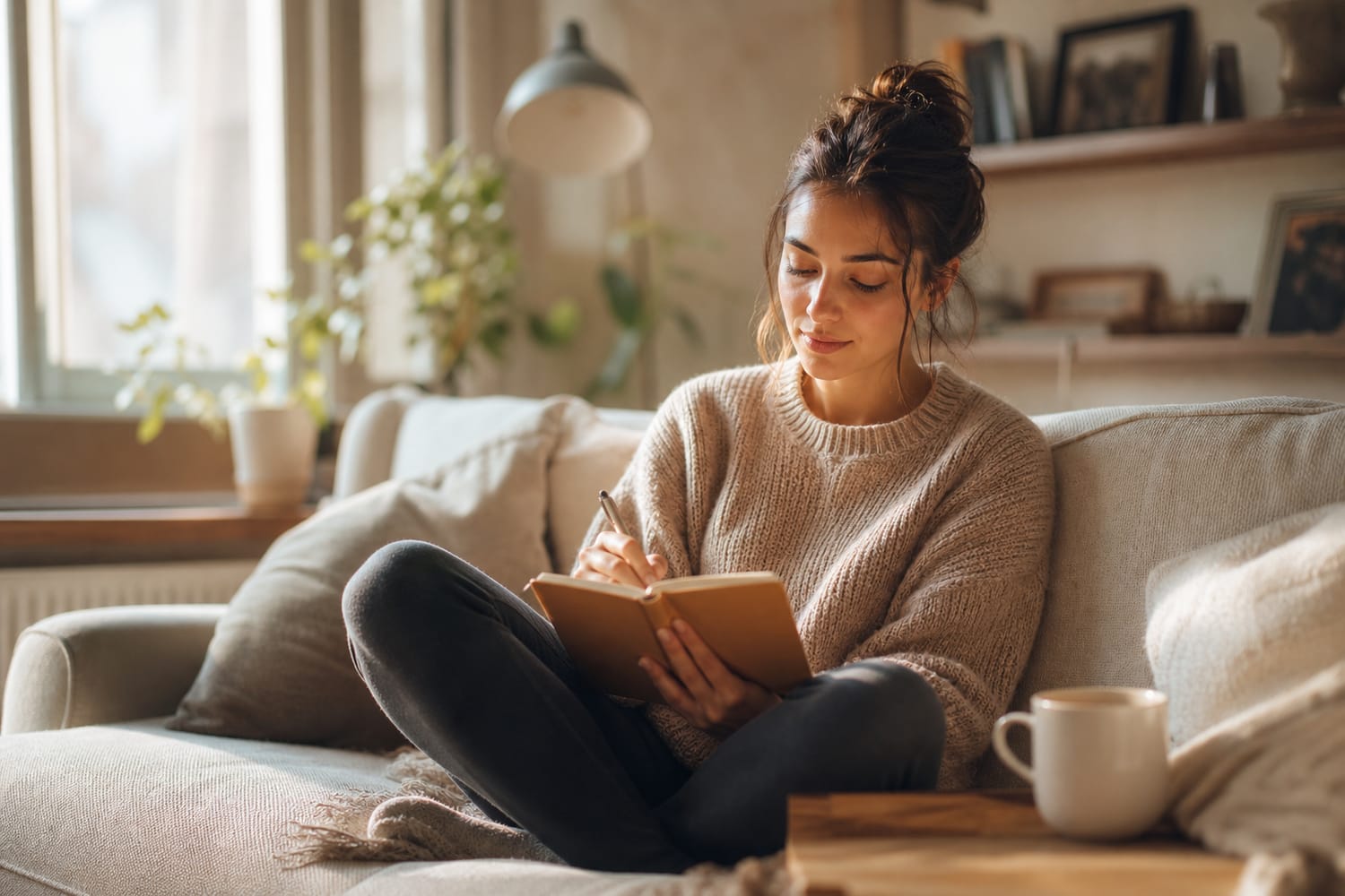 A woman journaling comfortably on her sofa with a cup of coffee, relaxed and reflective in soft morning light.