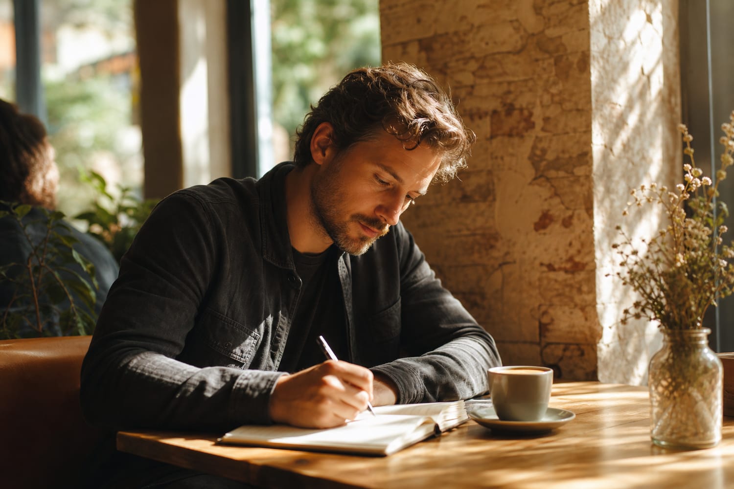A man writing in a notebook at a sunlit cafe table with a coffee beside him, thoughtful and at ease.