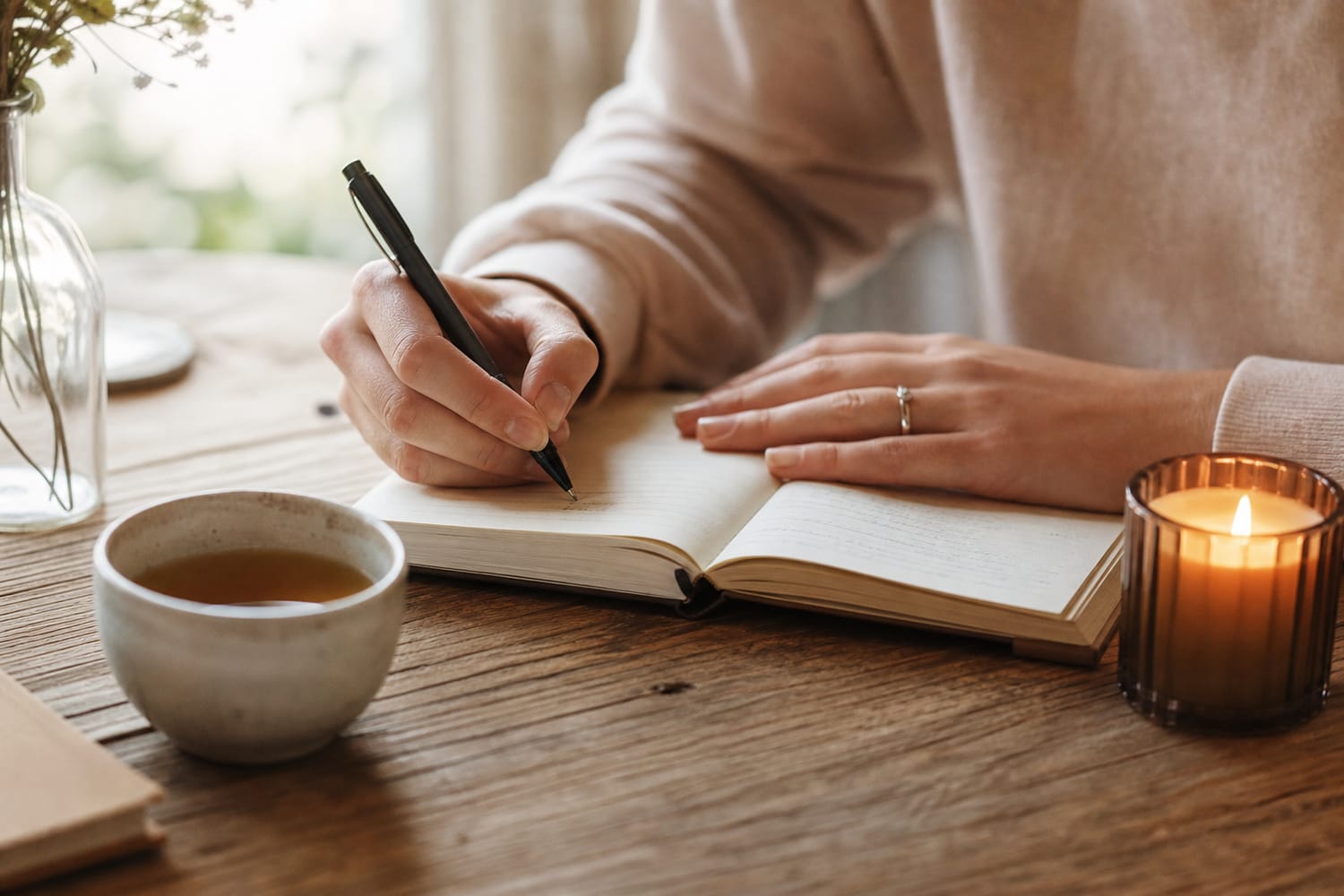 Hands writing in a journal beside a cup of tea and a small candle in soft morning light.