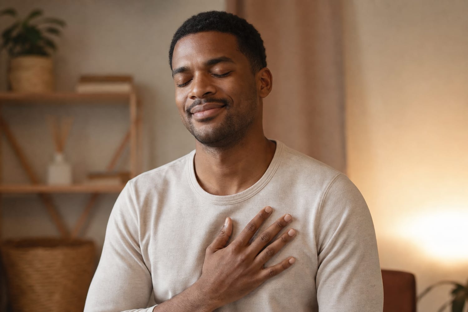 A man sitting calmly with a hand resting gently on his chest, eyes closed.