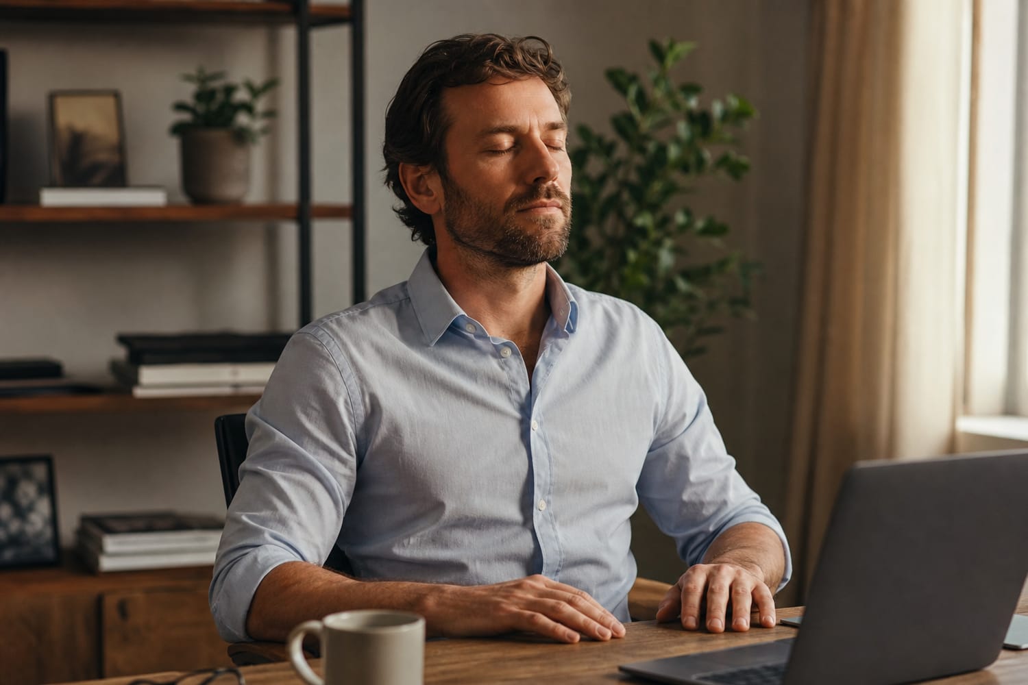 A man sitting at his desk before starting work, taking a steadying breath with a calm, capable expression, warm natural light.
