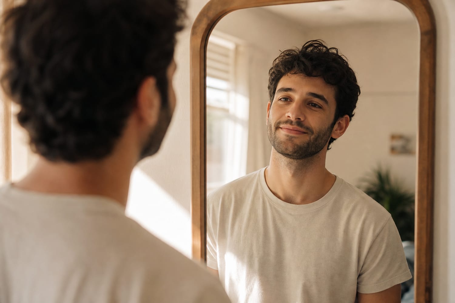 A young man looking at his reflection in a mirror with a kind, accepting expression.
