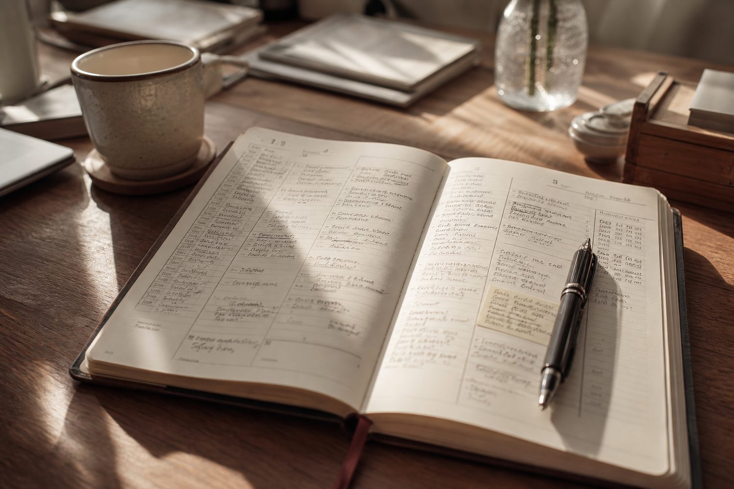 An open diary crowded with other people's appointments and reminders, a pen resting on the page, afternoon light across a wooden desk.