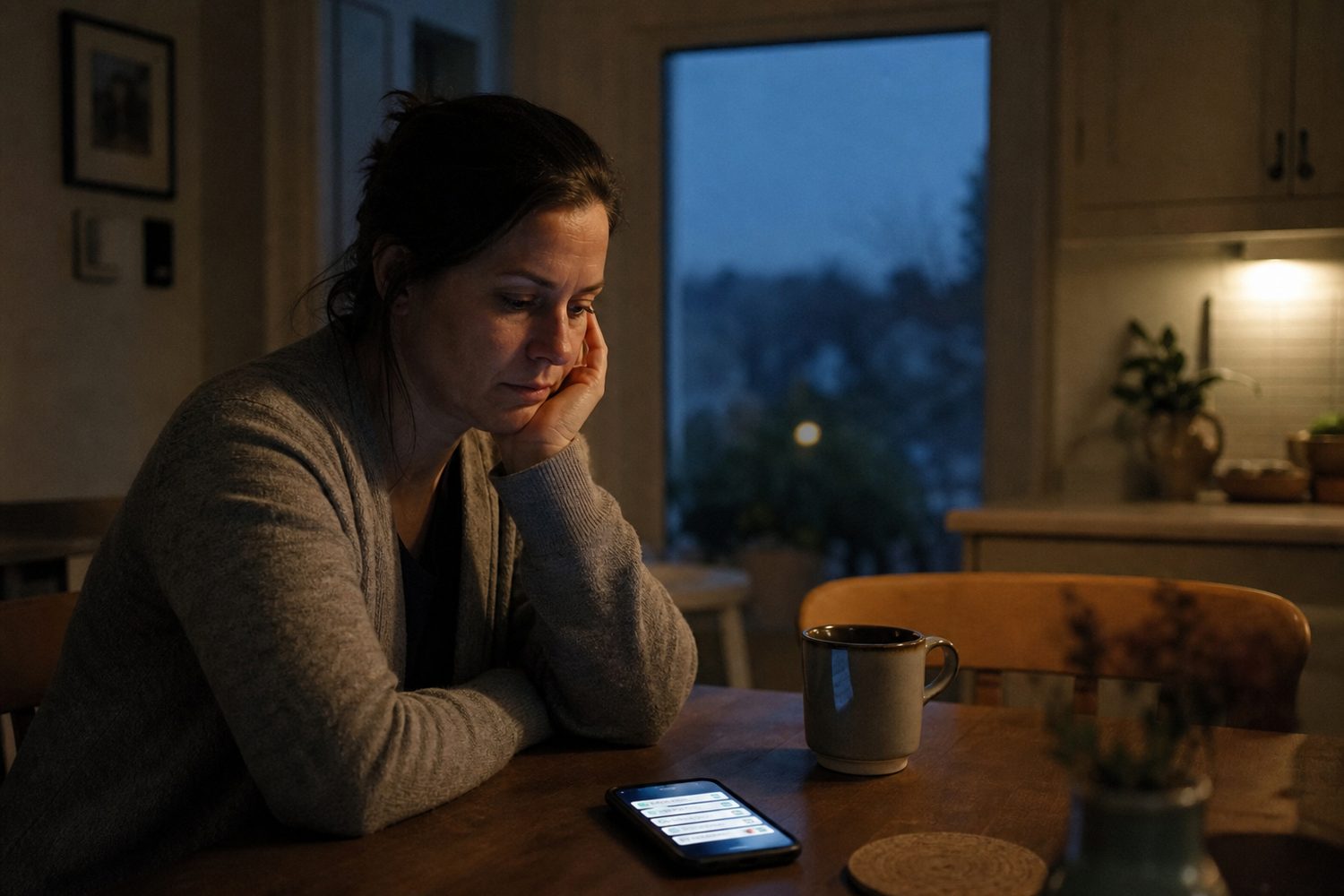 A tired person sitting at a kitchen table at dusk with a phone lit up beside a cold cup of tea, the weight of everyone else's requests visible in their posture, warm low light.