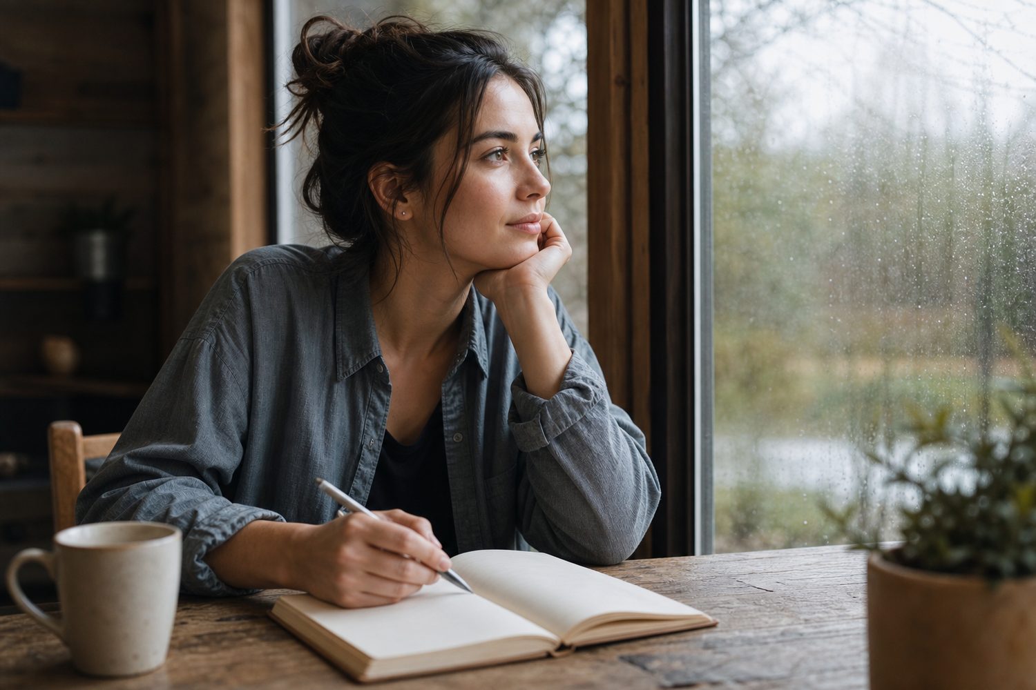 A person sitting at a wooden desk with a journal open in front of them, pen resting loosely in hand, gazing out of a rain speckled window with a calm and thoughtful expression, soft natural light.