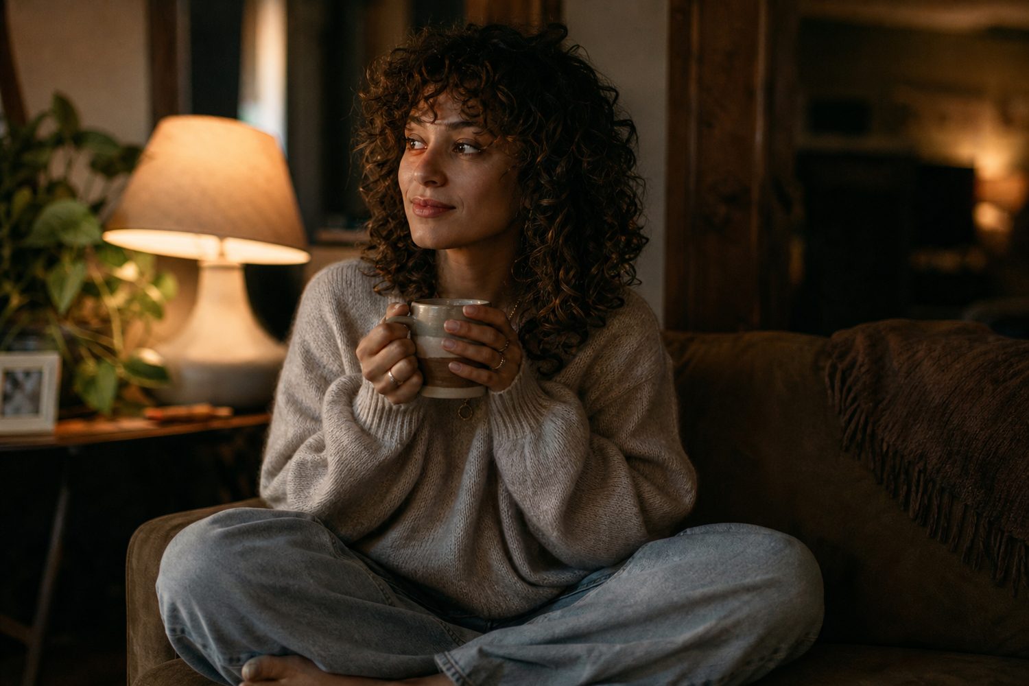 A young woman with curly hair sitting cross legged on a sofa holding a warm mug of tea with both hands, looking relaxed and present, cosy room with warm lamp light.