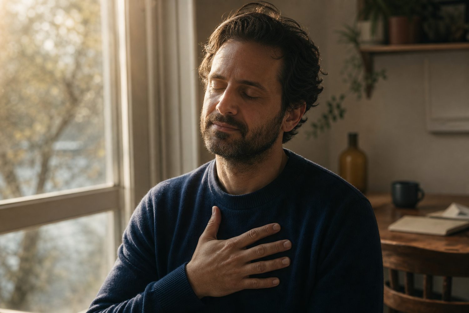 A man sitting quietly by a window with one hand resting over his heart, eyes gently closed, warm morning light falling across his face and shoulders.