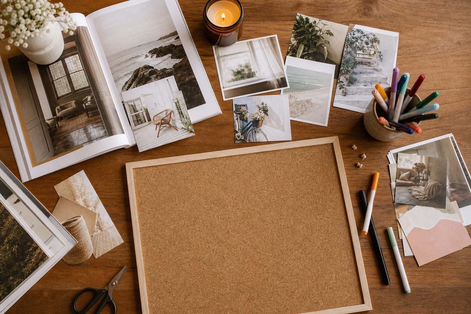 A flat lay of vision board materials on a wooden table: magazines, scissors, printed photos, coloured pens and a cork board, warm natural light.