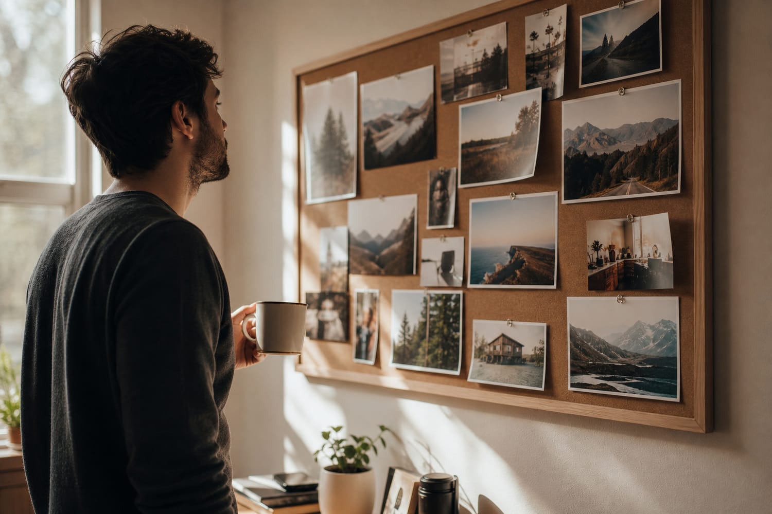 A man pausing by a cork vision board on his wall, coffee in hand, taking it in for a moment in soft morning light.