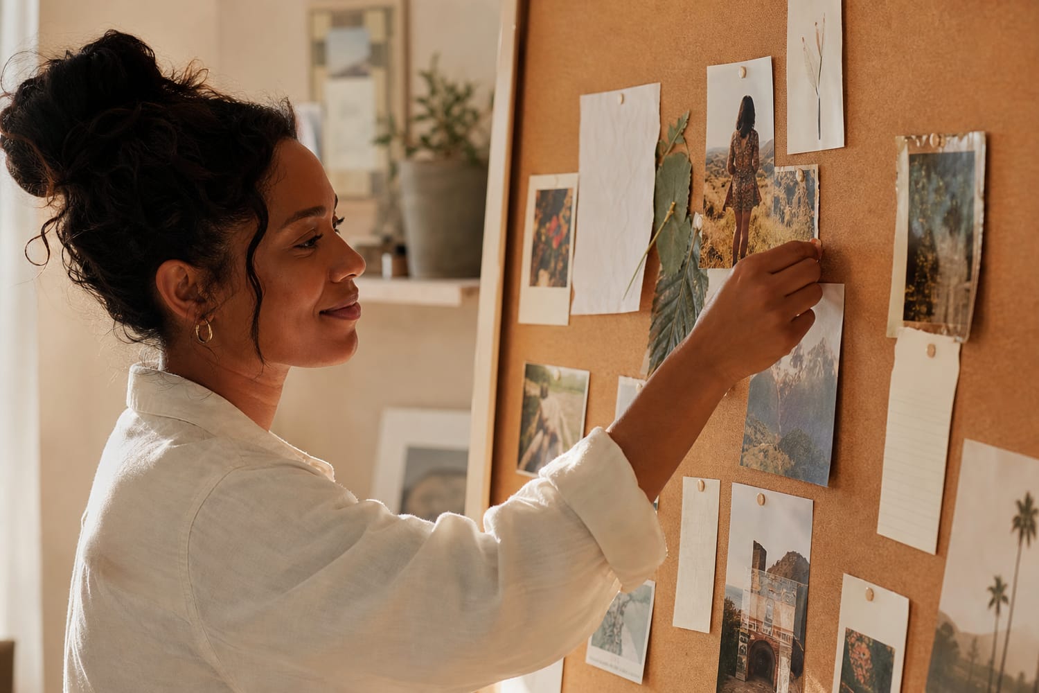 A woman pinning printed photos and handwritten notes onto a cork vision board in warm afternoon light.